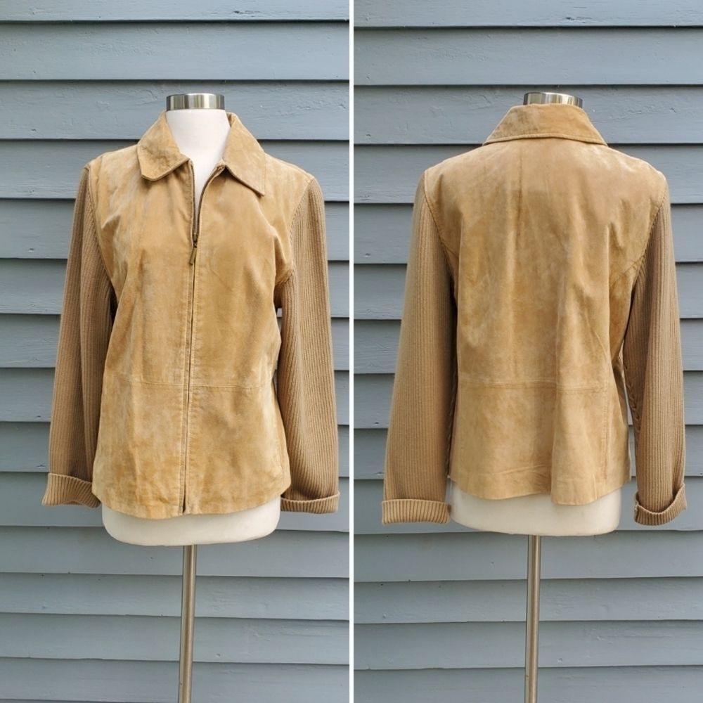 Vintage 70s Western Boho Camel Tan Suede Leather Knit Sleeves Coat‎ Jacket